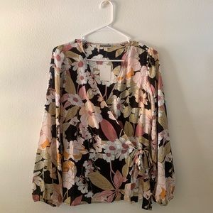 Pleione black floral wrap blouse, pillow sleeve